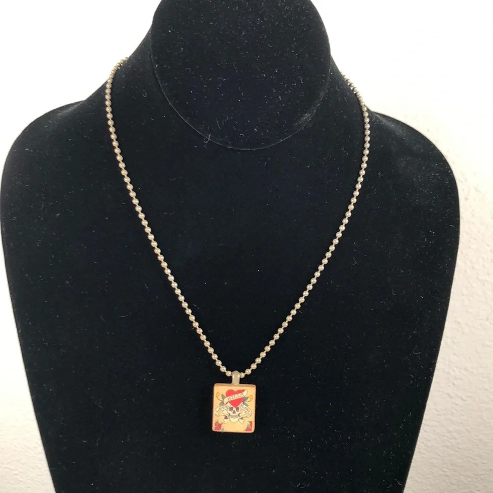 Skull Print Necklace On Ball Chain Love Kills Slowly Spellout Scrabble Tile Wood